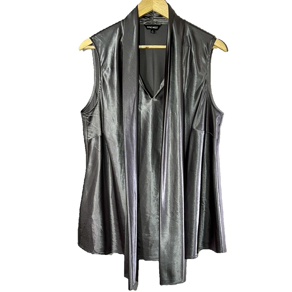 Nine West Charcoal Silver/Gray Women’s Satin Tank Top Size 1X Attached Scarf Tie